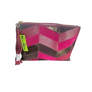 NWT Sam Edelman Chevron Suede Leather Patchwork Fringe Clutch Red/ Brown